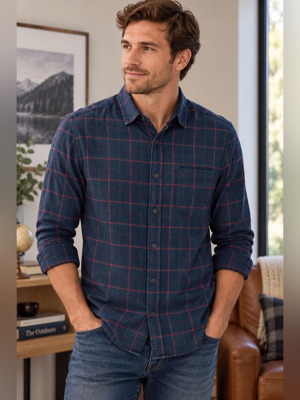 Faherty Men’s Blue & Red Plaid Shirt – Size M